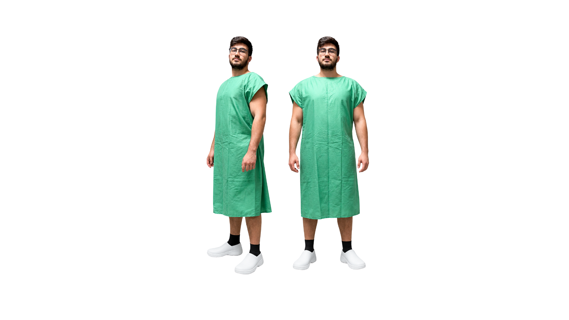 Camisola hospitalar verde em duas vistas