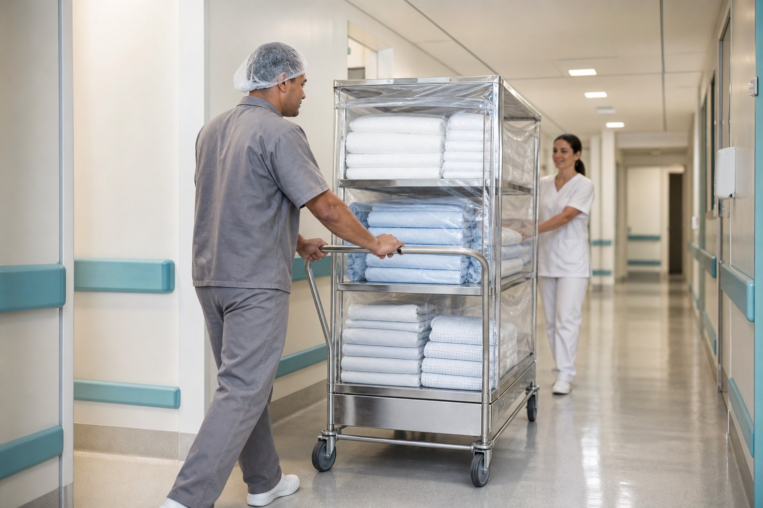 Entrega organizada de enxoval limpo em ambiente hospitalar