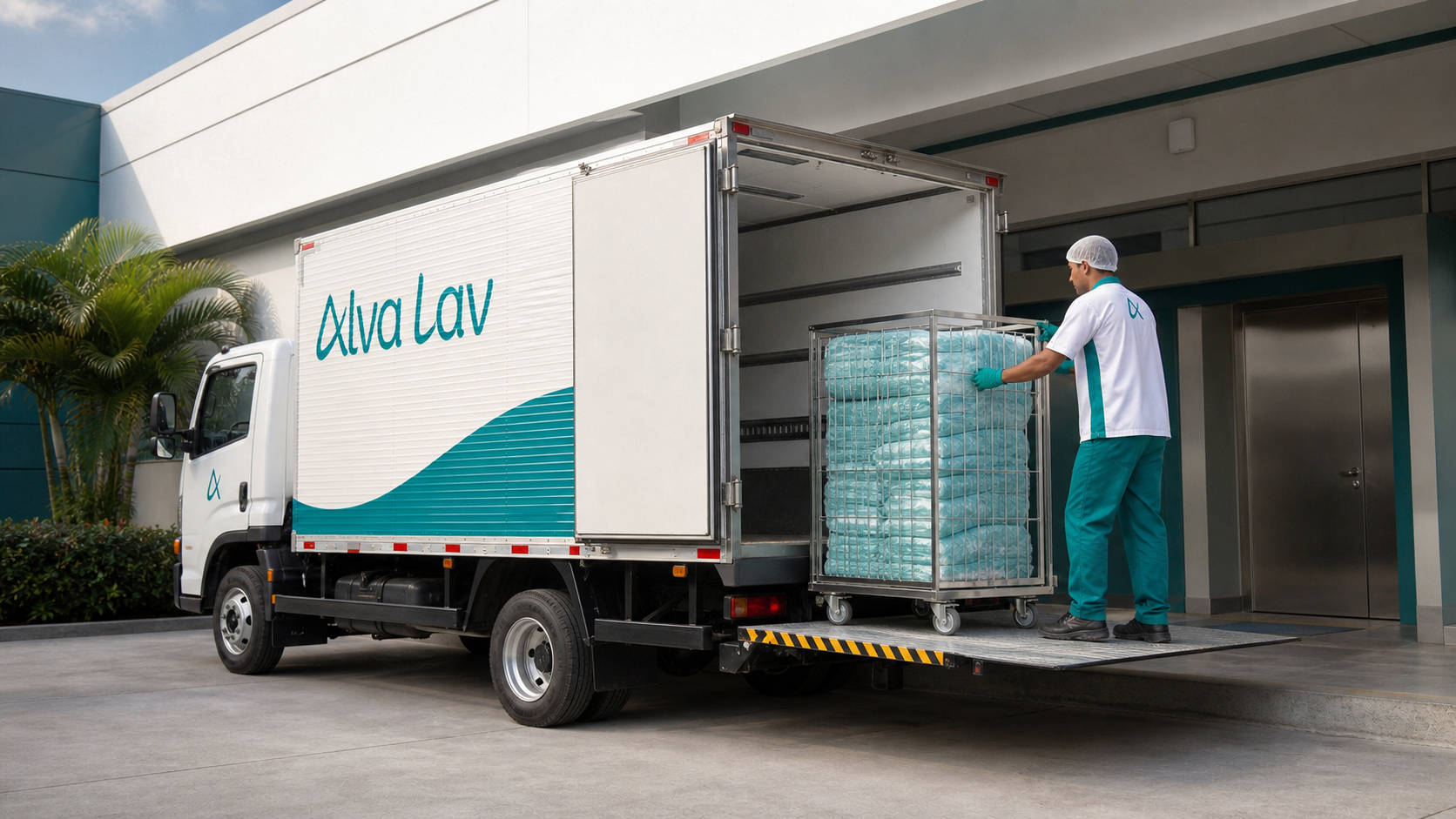 Caminhão da Alva Lav entregando gaiola de enxoval em um hospital